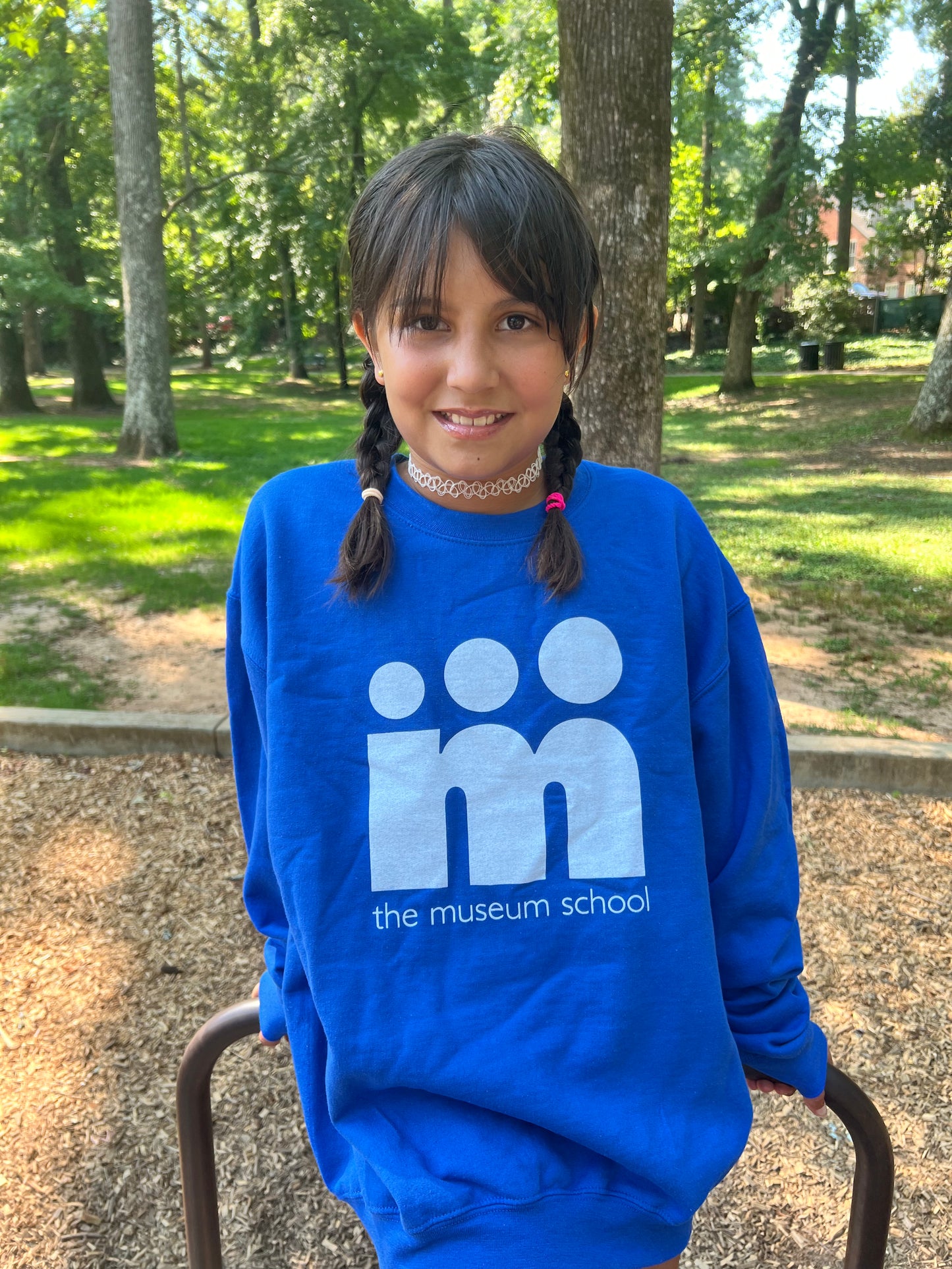 M Logo Crewneck Adult Sweatshirt Royal Blue and Sport Grey